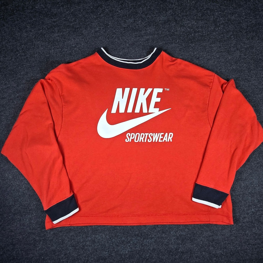 Nike Sportswear Red Graphic Pullover Sweatshirt Big Logo Swoosh Retro Women's XL - Picture 1 of 12